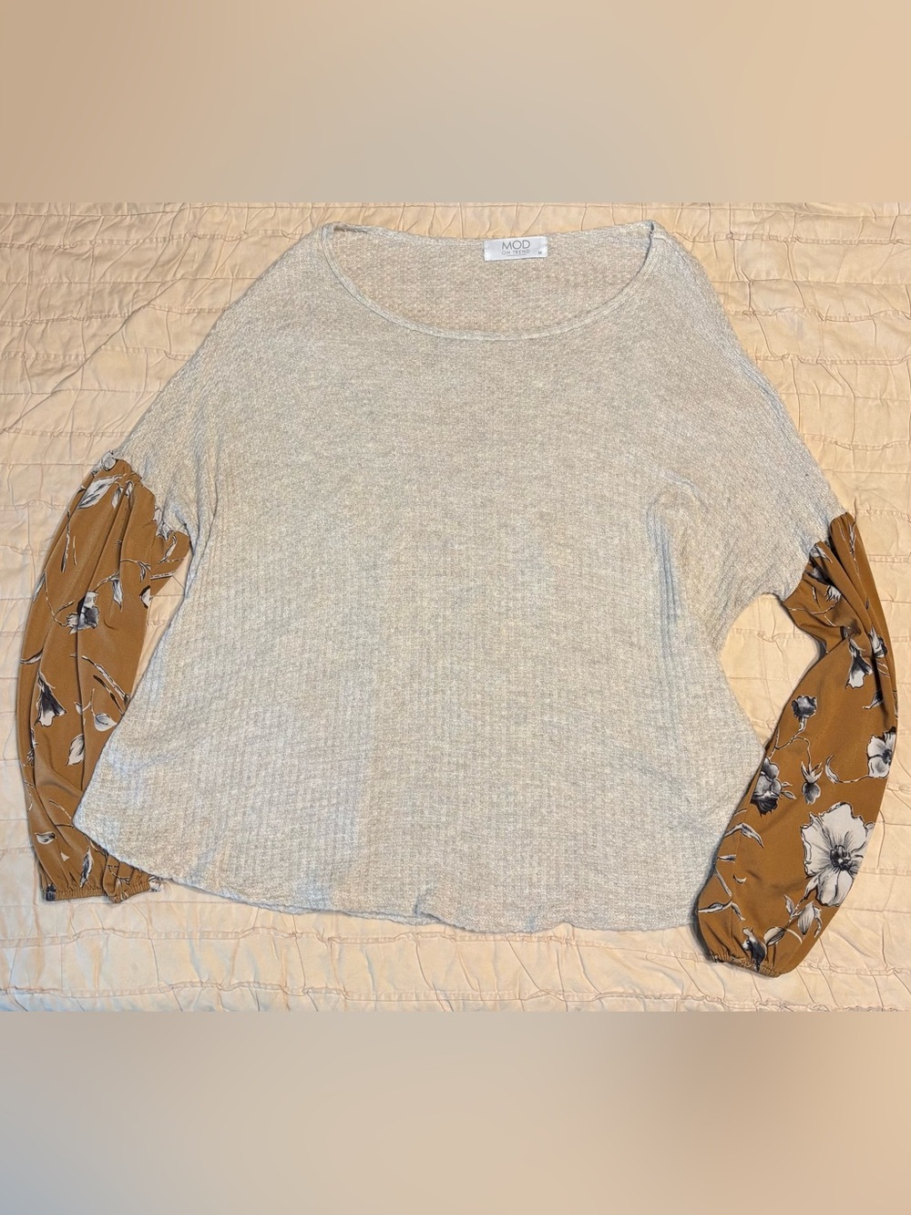 MOD Waffle Knit Top with Floral Contrast Sleeves